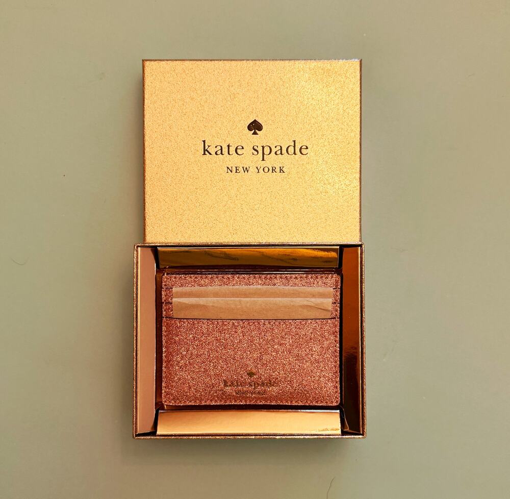 NIB Kate Spade Mitten Pink Glitter Slim Cardholder Rose Gold Boxed